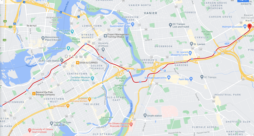 Mapa mostrando a rota do o-Trem de trânsito, que muitas pessoas usam a viver em Ottawa